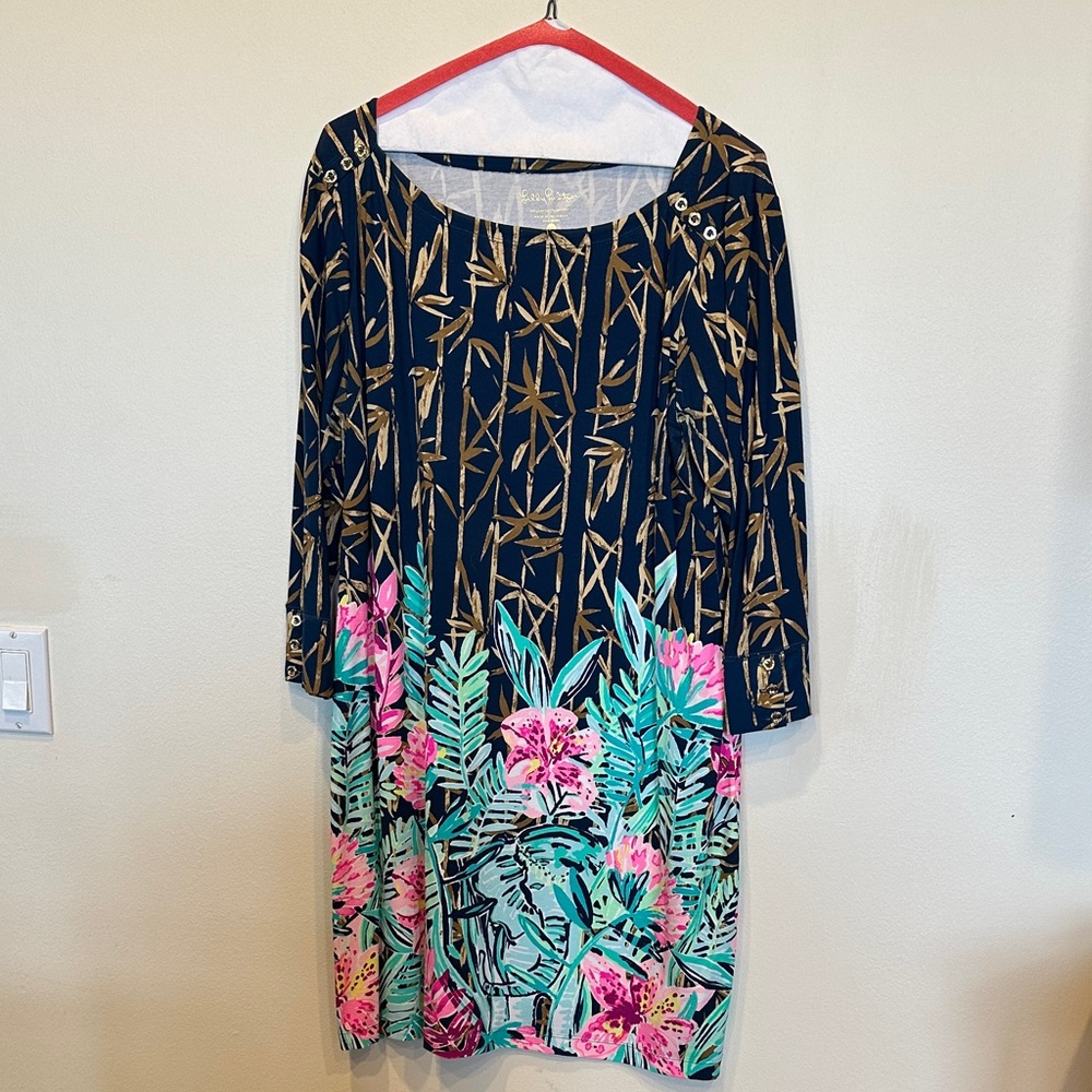 Lilly Pulitzer Navy and Pink Floral Long Sleeve Knit Dress